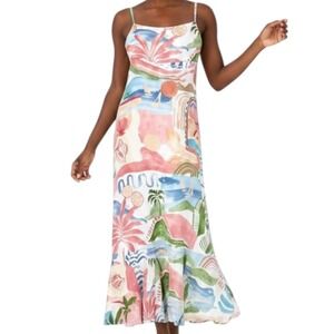 NWT Paper Heart Coastal Tropical Landscape Print Maxi Dress Tie Back Size Large